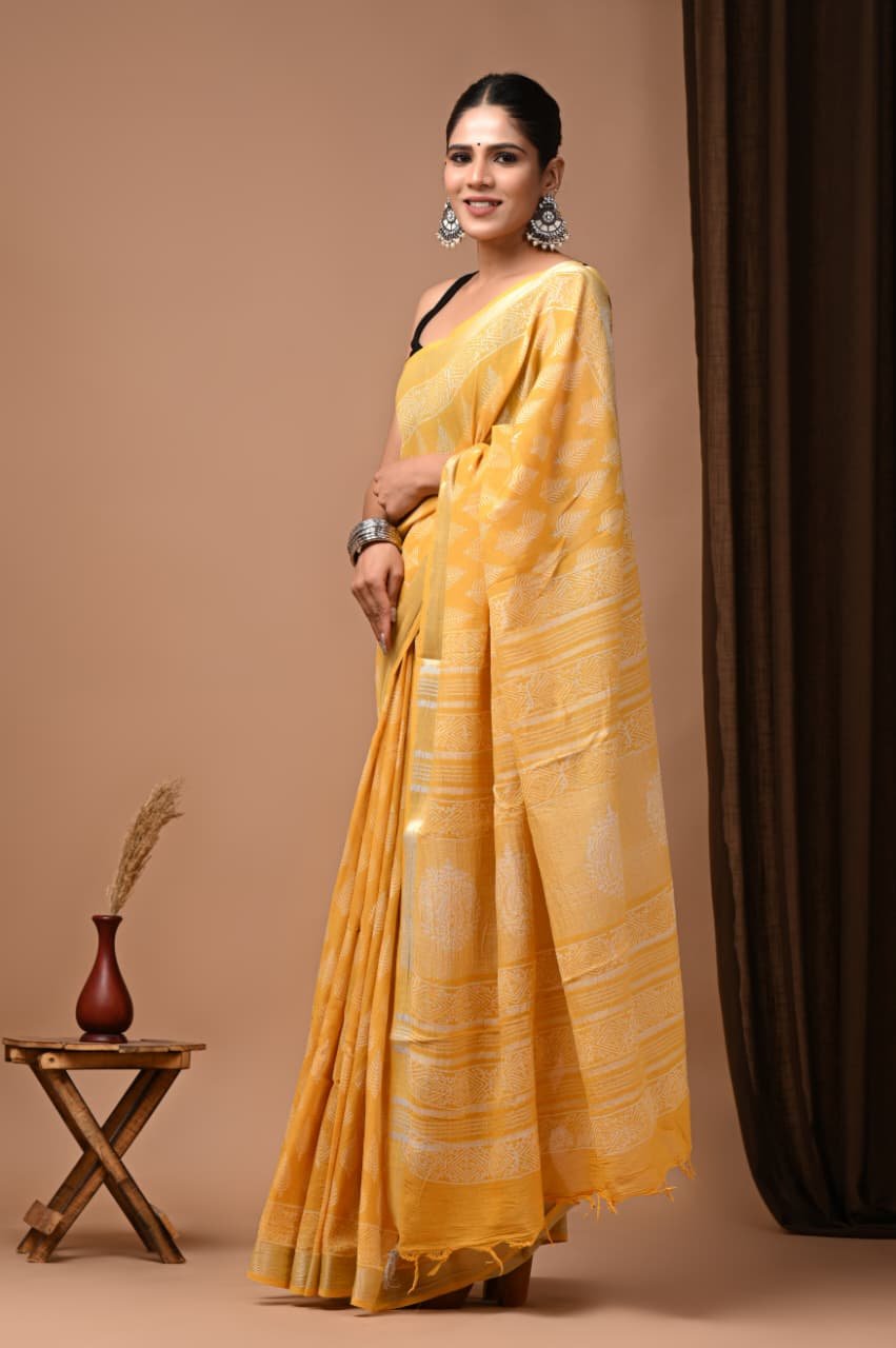 Hand Block Printed Linen Saree with Blouse